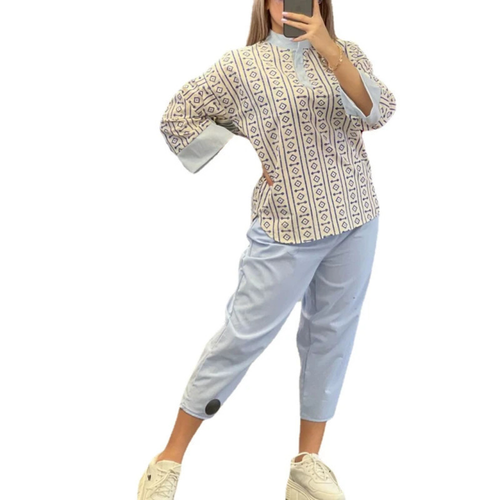 Womens Cotton Linen Print Top High Waist Capri Pants Color Block Korean Fashion